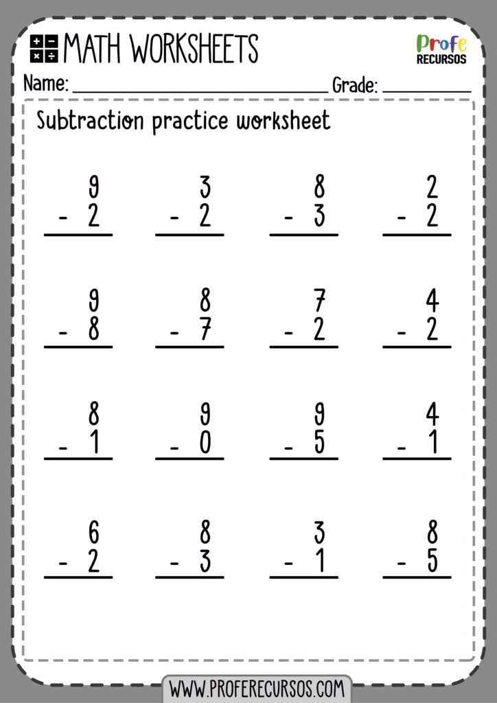 1 Digit Subtraction Worksheets - Profe Recursos