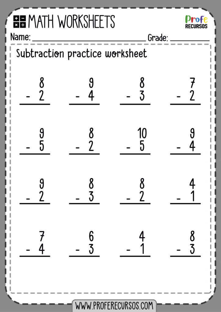 One Digit Subtraction Worksheets Math Worksheets