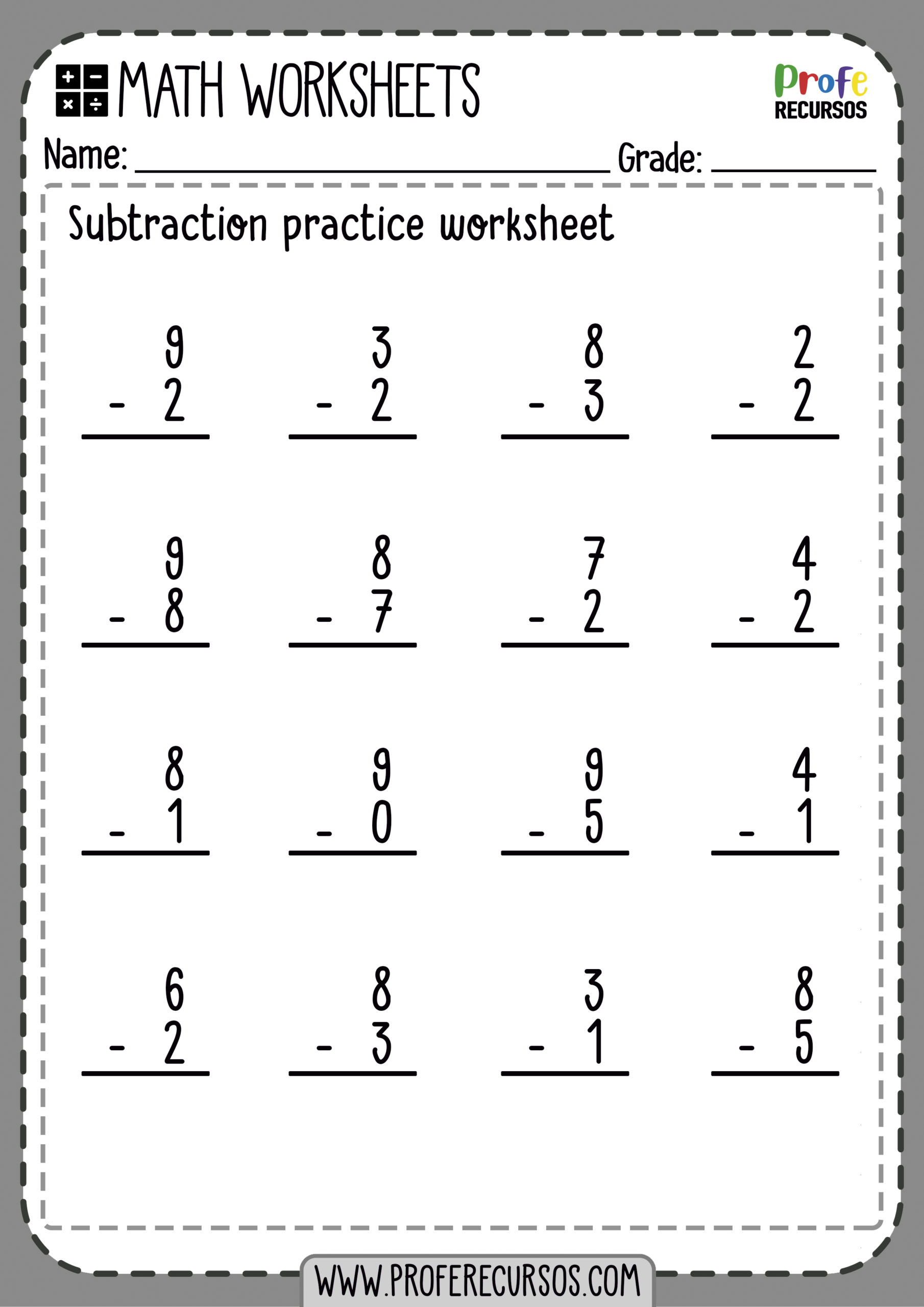 1 Digit Subtraction Worksheets