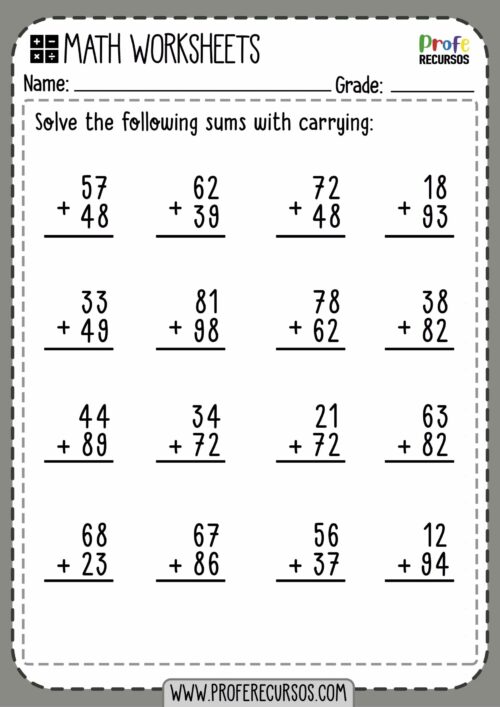 2-Digit Addition with Carrying | Math Worksheets