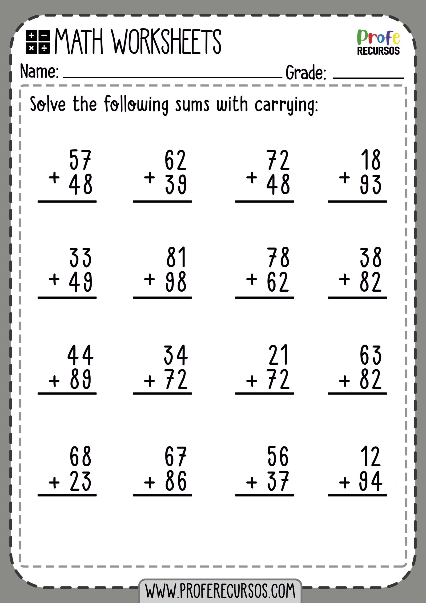 Addition with Carrying Worksheets