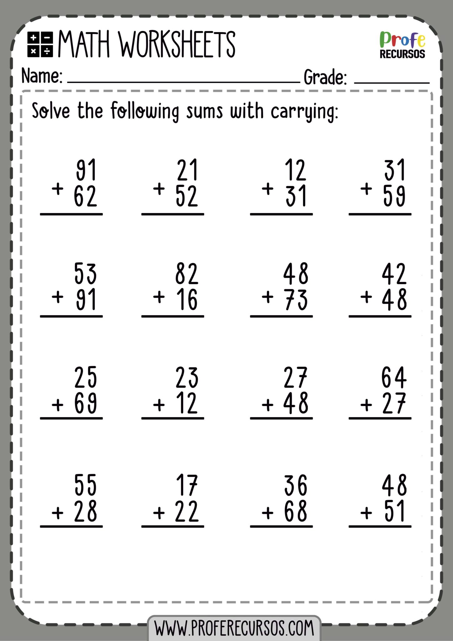 2 digit addition with carrying math worksheets