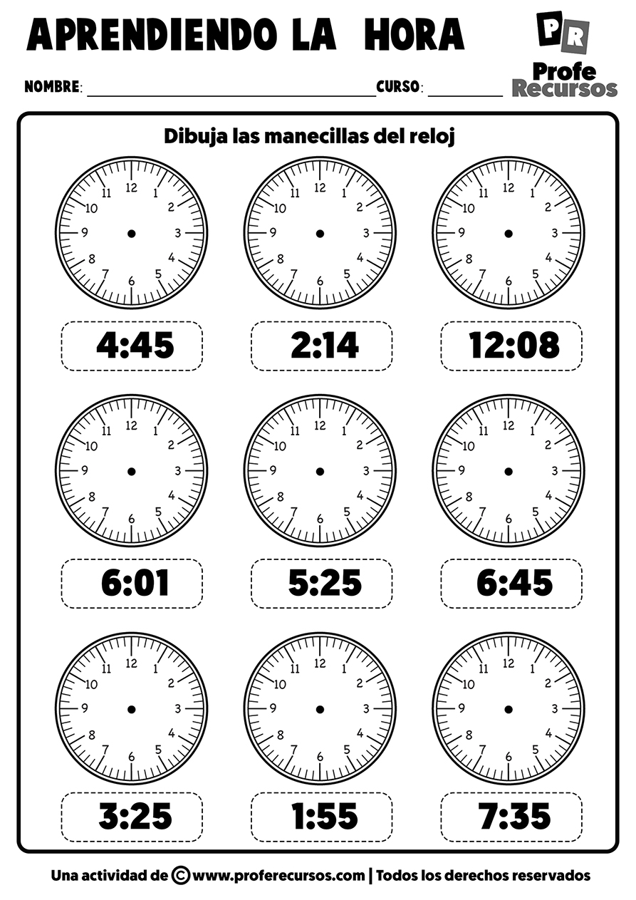 Ejercicios actividades reloj analogico sin manecillas