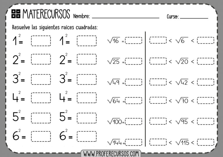 Ejercicios de RAÍCES CUADRADAS para Primaria Ejercicios de RAÍCES CUADRADAS para Primaria