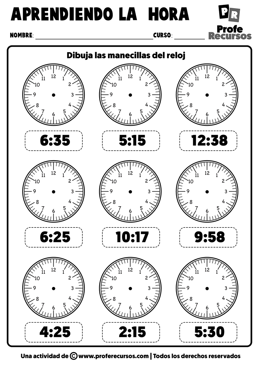 Ejercicios reloj analogico manecillas