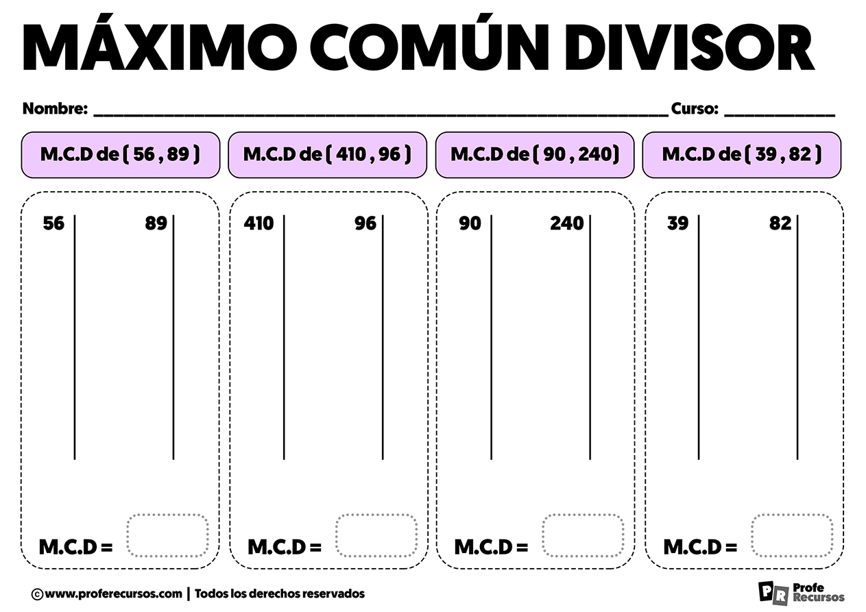 Ejercicios de mcd maximo comun divisor para imprimir