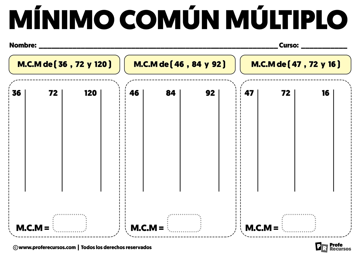 Ejercicios de minimo comun multiplo de 3 numeros