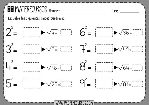 Ejercicios de RAÍCES CUADRADAS para Primaria