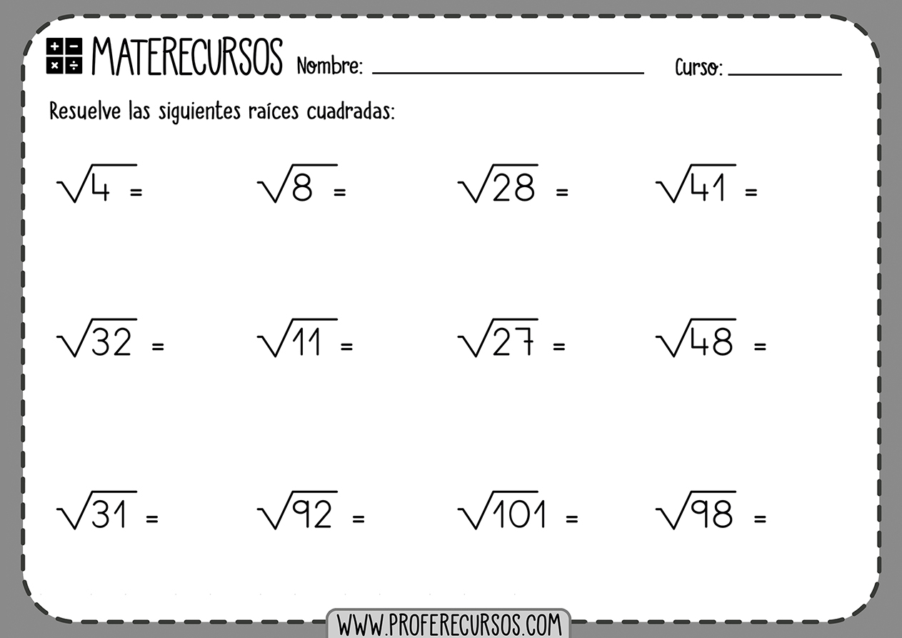 Ejercicios de raices cuadradas exactas para primaria