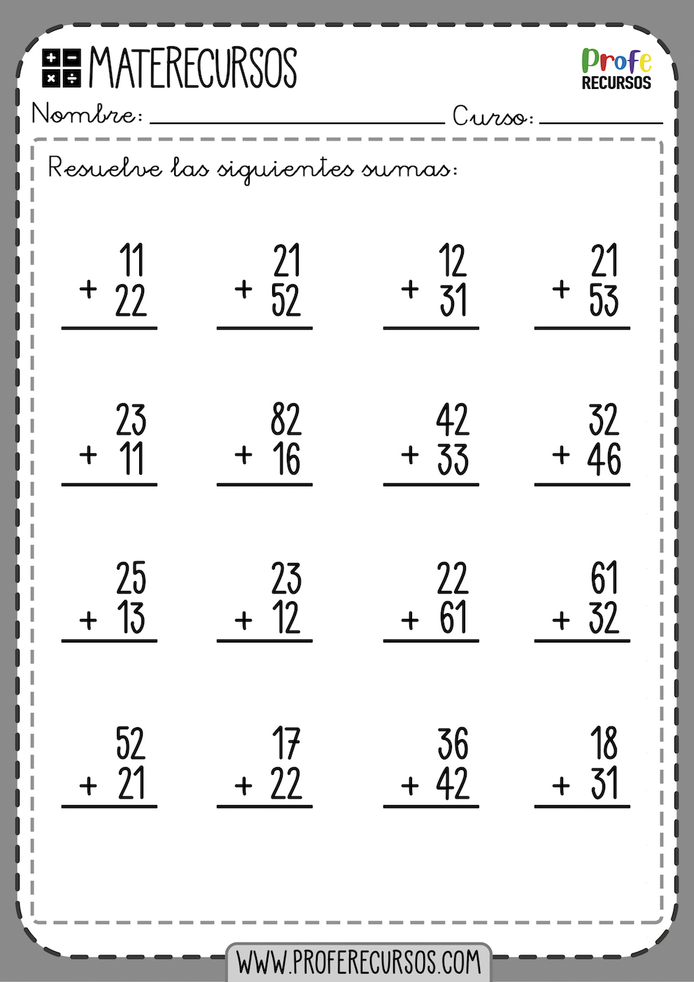 Ejercicios de Sumas de 2 digitos cifras sin llevar