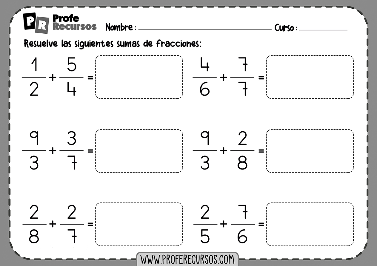 Ejercicios de sumas de fracciones con distinto denominador