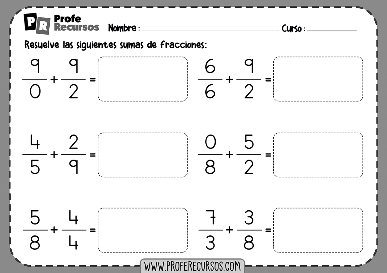 Ejercicios de sumas de fracciones para primaria