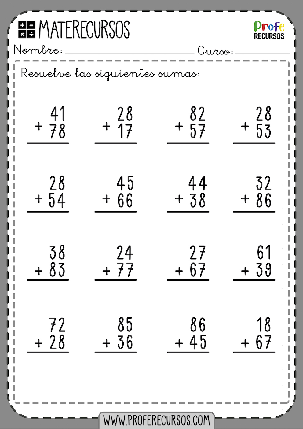 Fichas Ejercicios Sumas 2 cifras con Llevadas