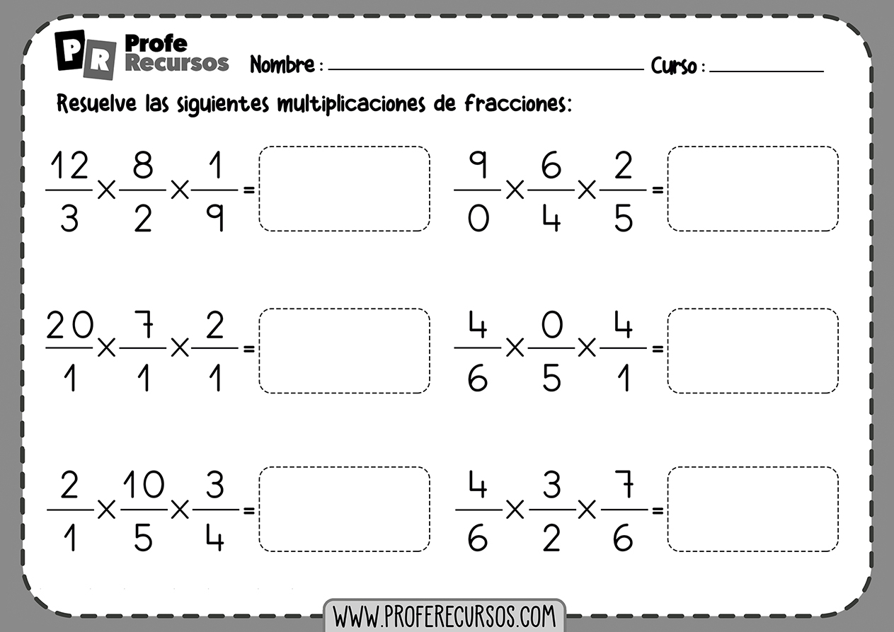 Fichas de multiplicaciones de fracciones para primaria