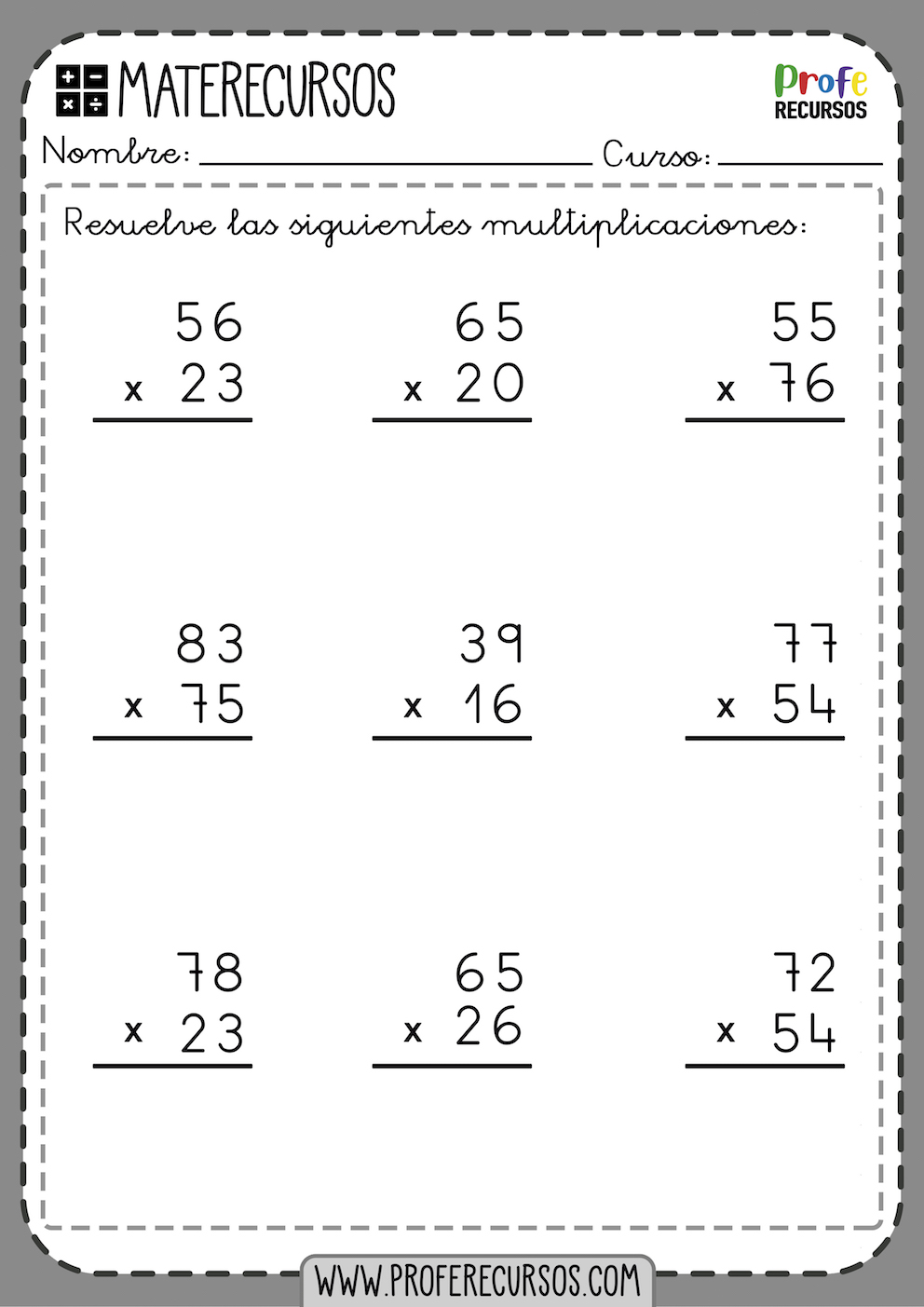 Fichas de Multiplicaciones de Primaria