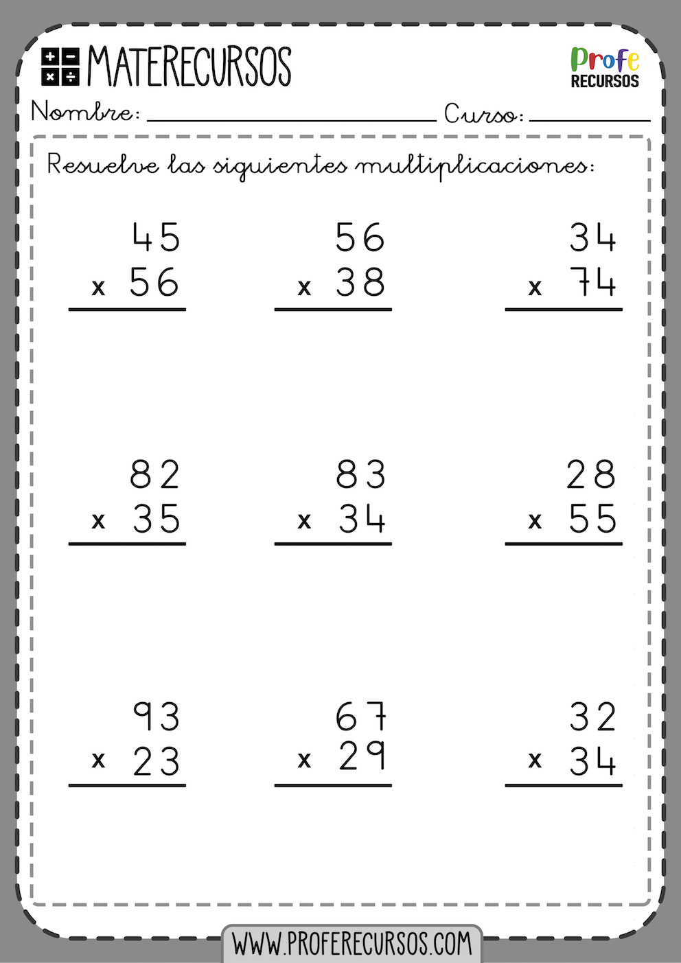 Fichas de Multiplicaciones de dos cifras llevando