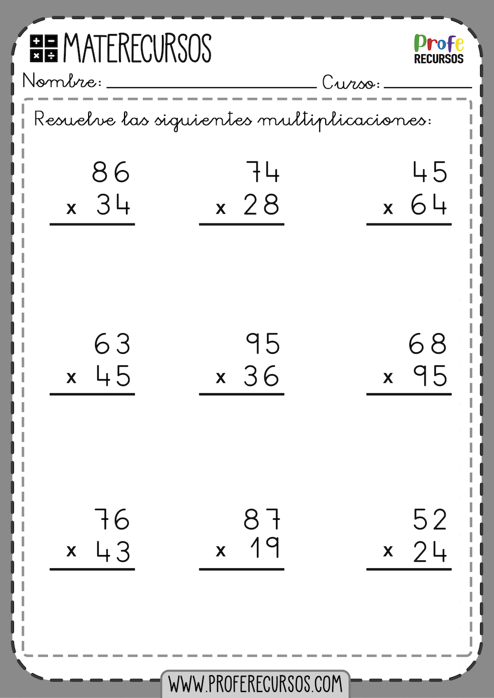 Fichas de Multiplicaciones para Primaria