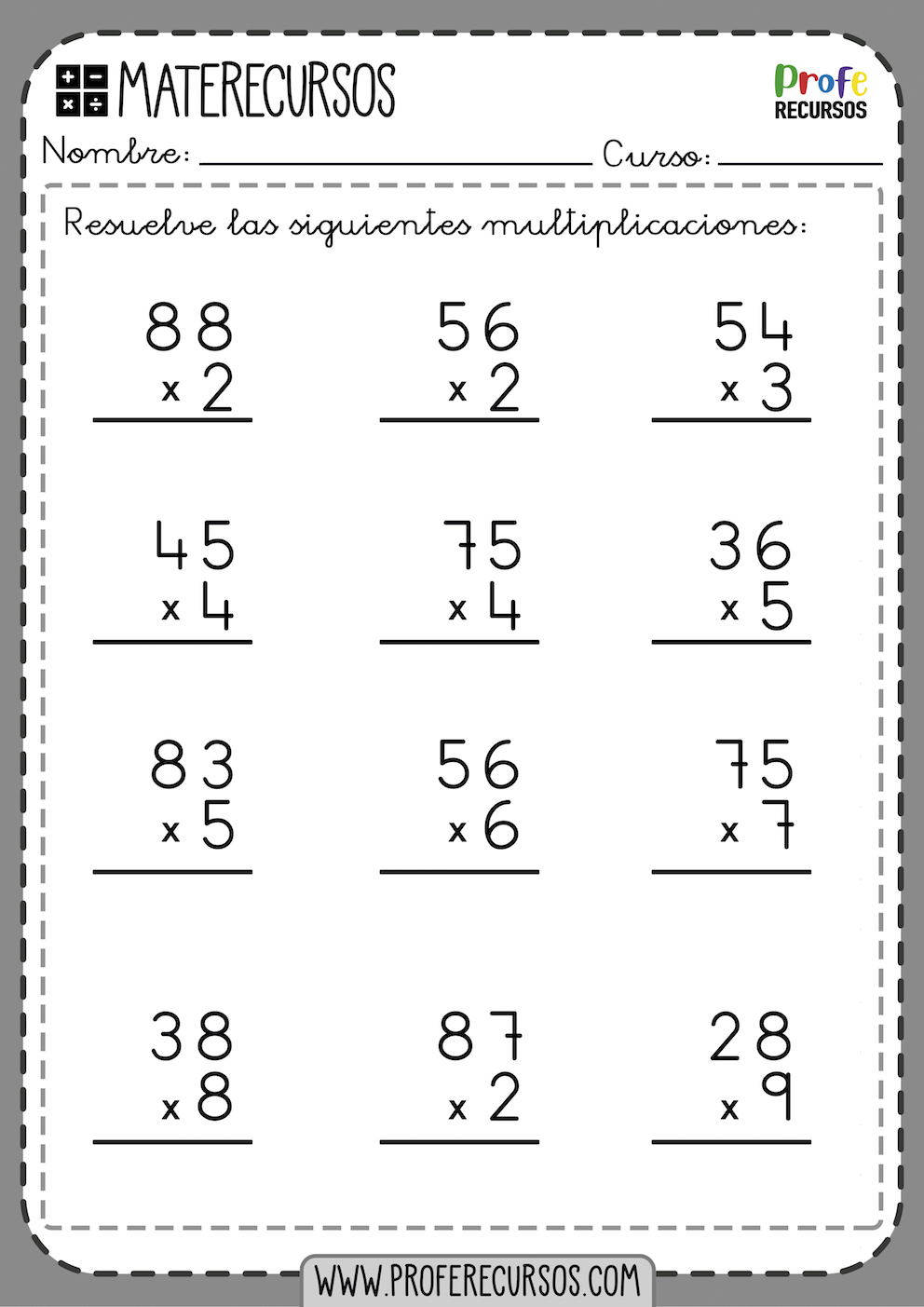 Fichas de Multiplicaciones para Primaria