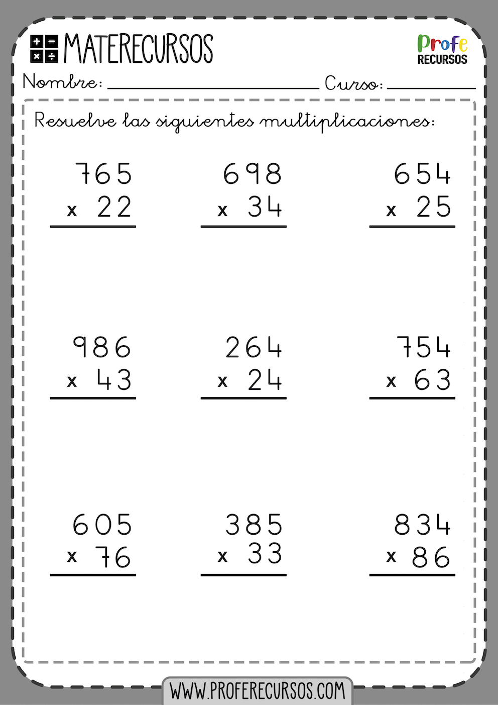 Fichas de Multiplicaciones para niños