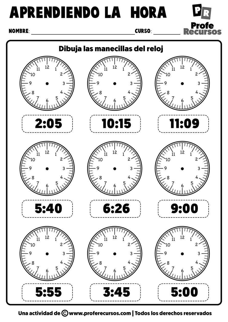 Fichas de relojes analogicos para imprimir
