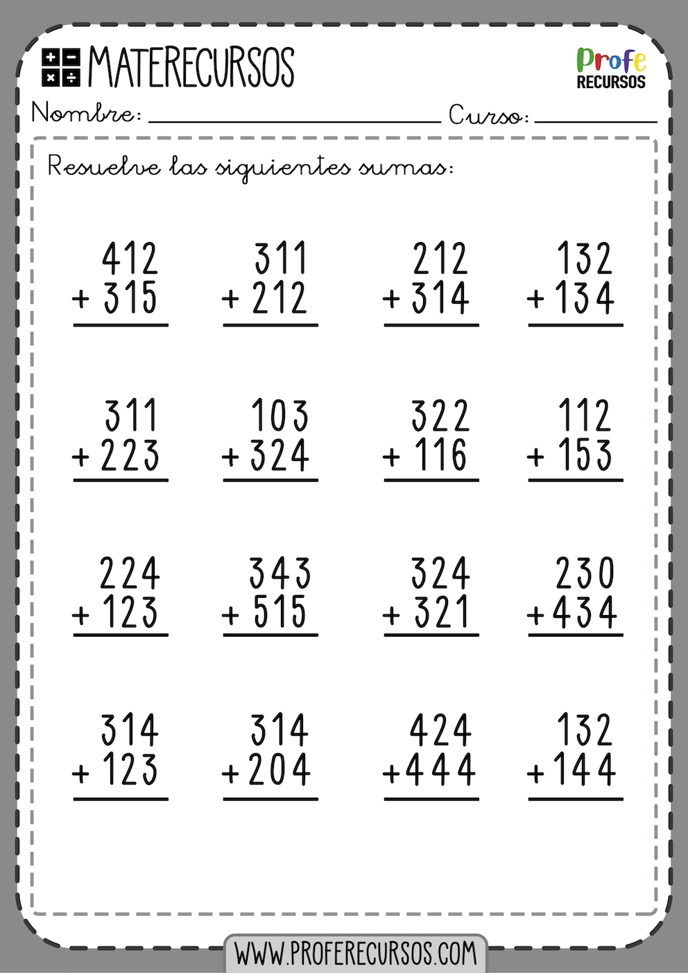 Fichas de Sumas 3 Digitos Cifras Sin Llevar