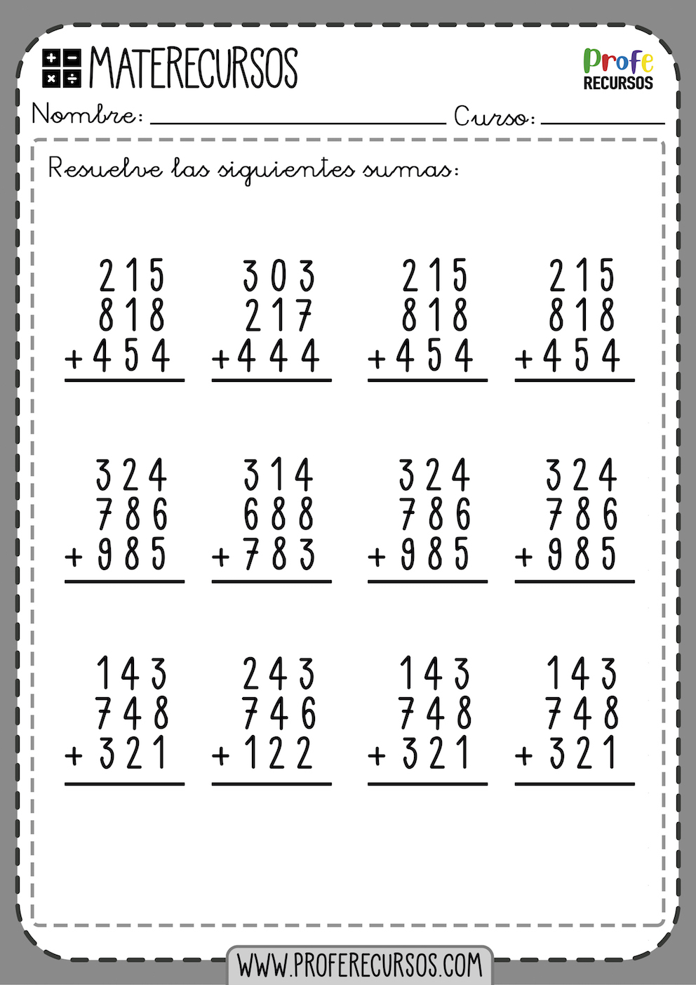 Fichas de Sumas 3 Sumandos Matematicas