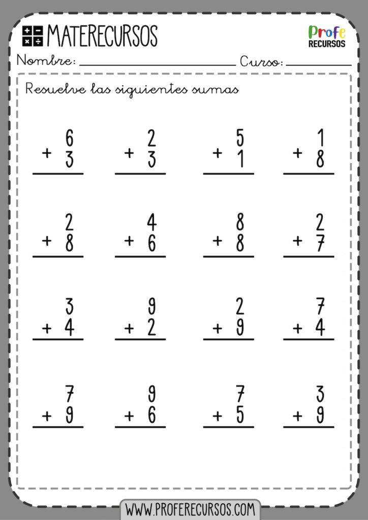 Fichas de Sumas de 1 digito o Cifra