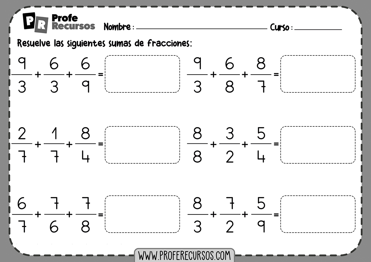 Fichas de sumas de 3 fracciones