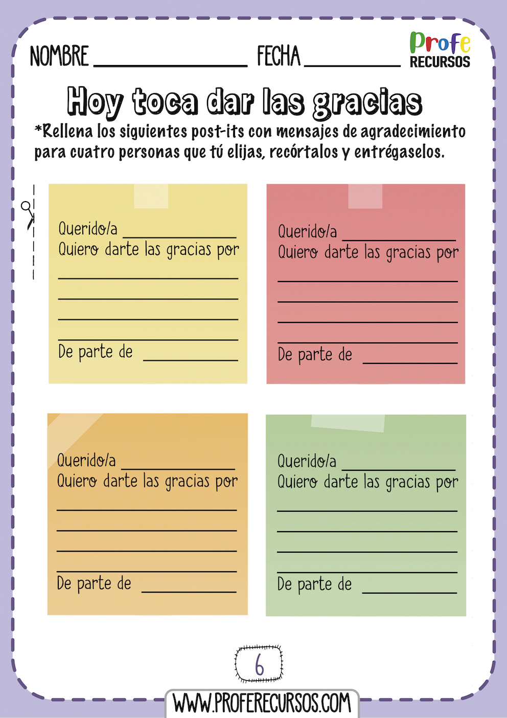 Fichas de agradecimiento para niños