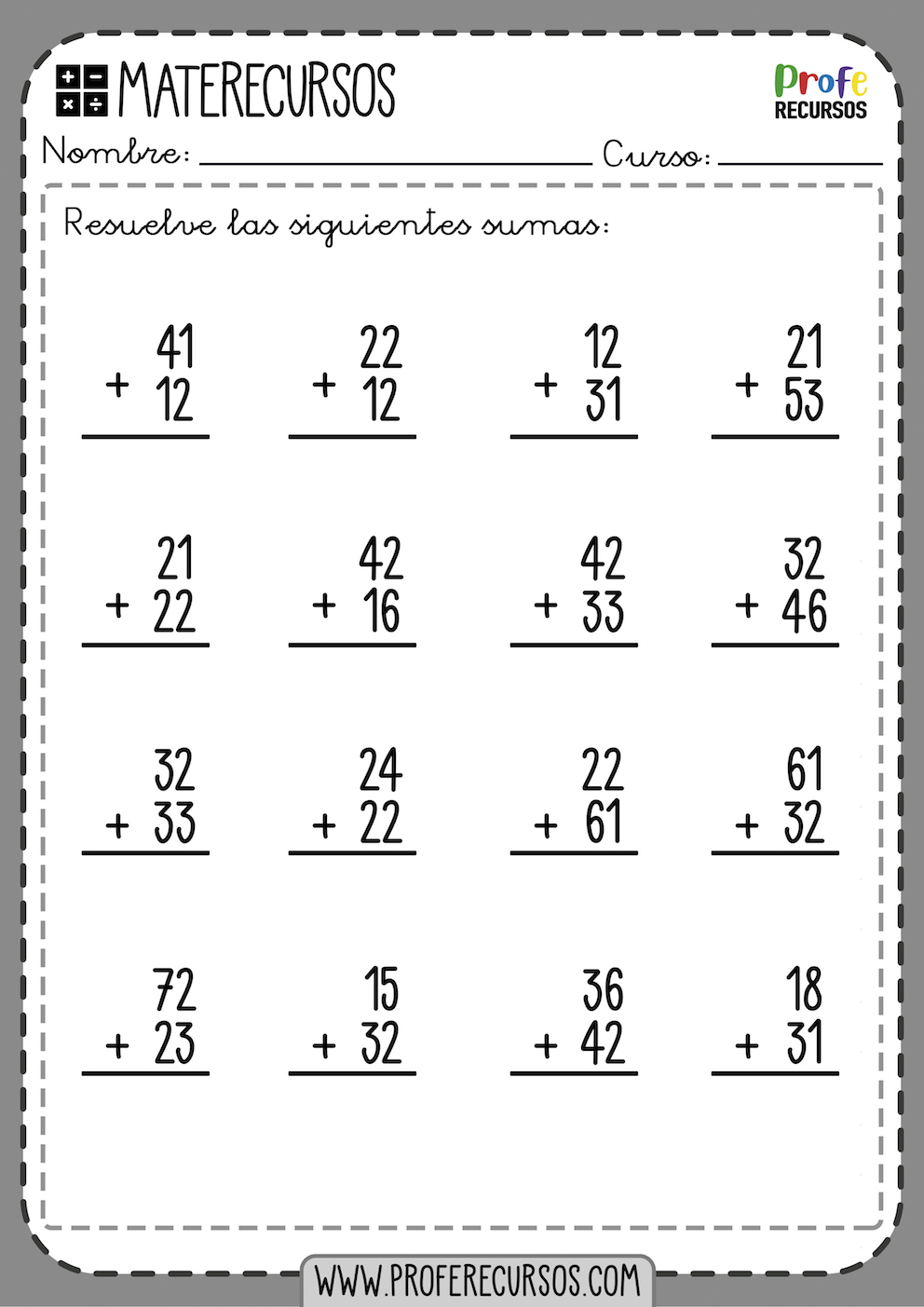 Fichas de sumas de 2 cifras sin llevar