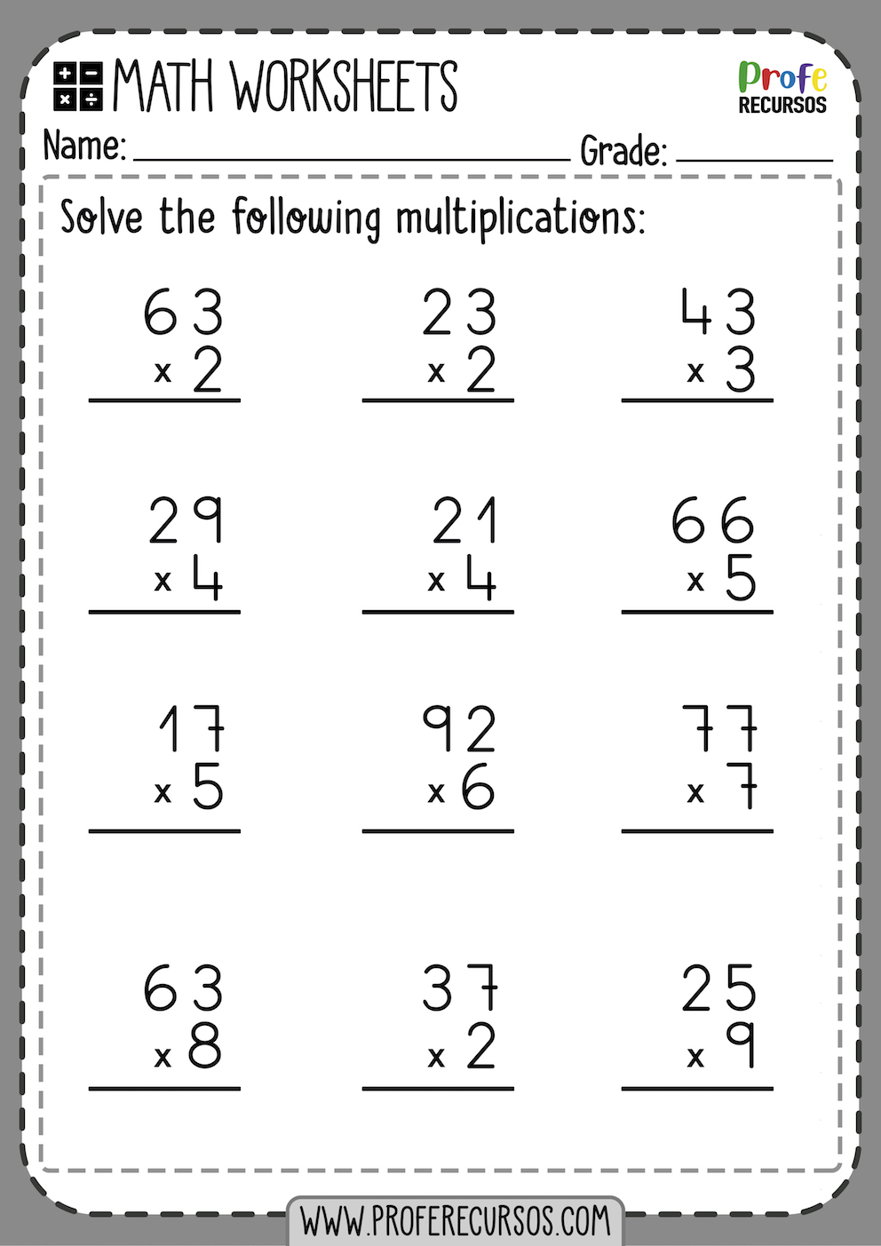 Free Multiplication Worksheets for Grade