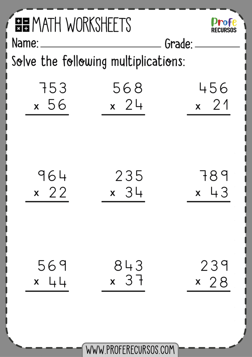 Free Multiplications Worksheets