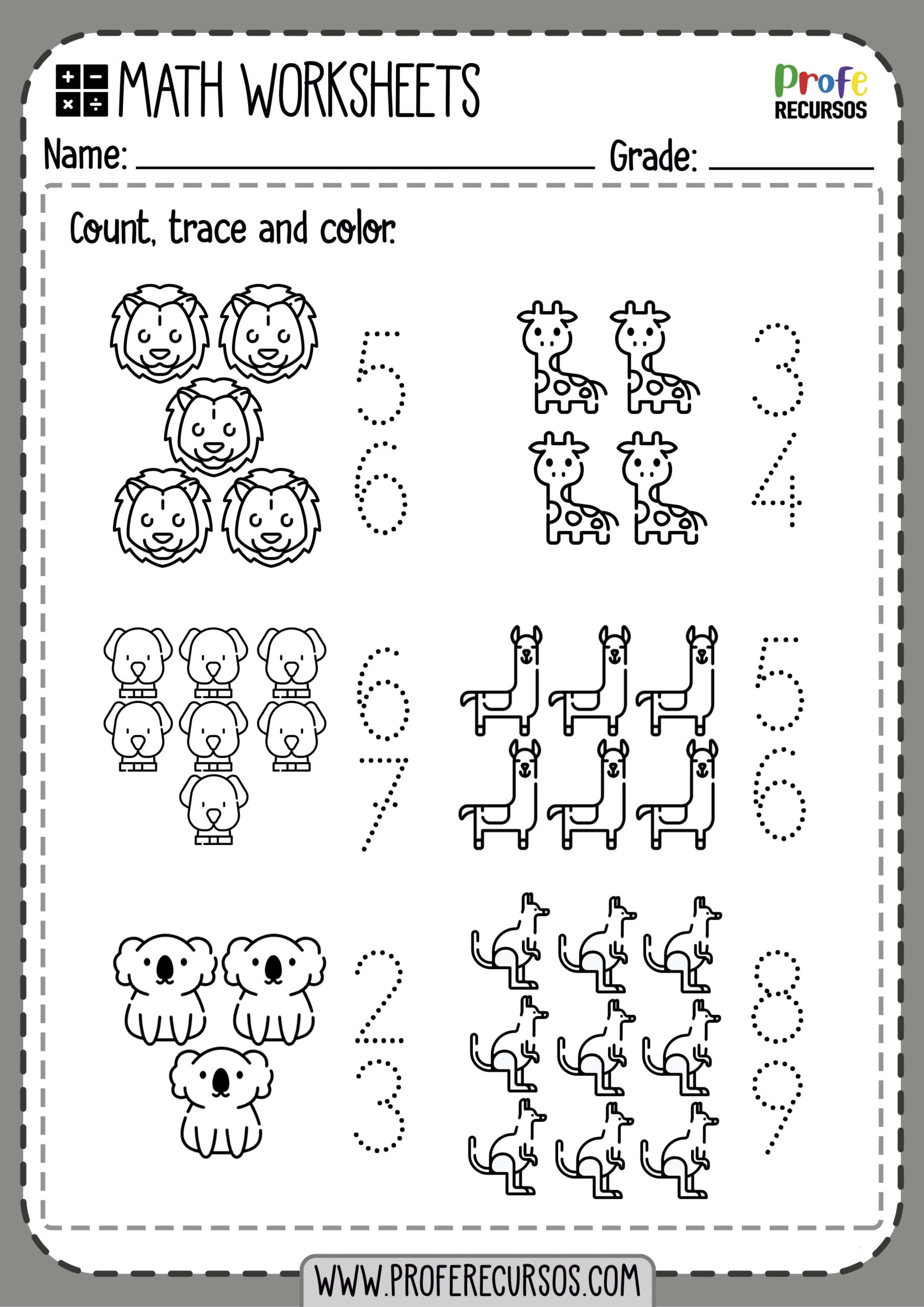 Math Worksheet Trace Numbers Color