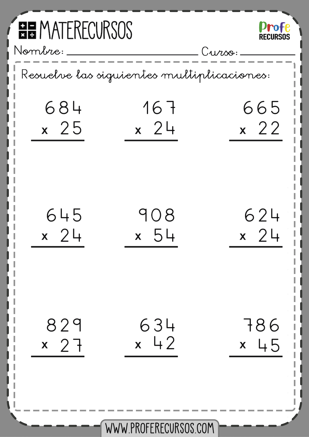 Multiplicación de 3 cifras worksheet