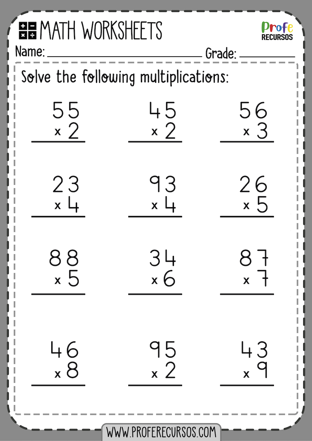 multiplication worksheets 2 digit profe recursos