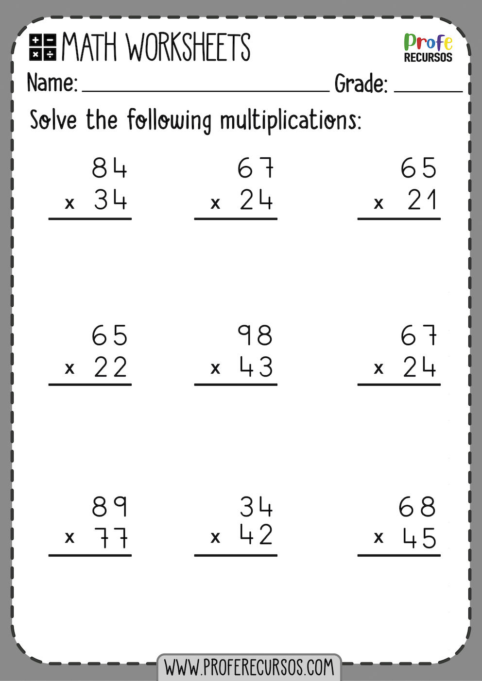 Multiplication worksheets PDF to Print