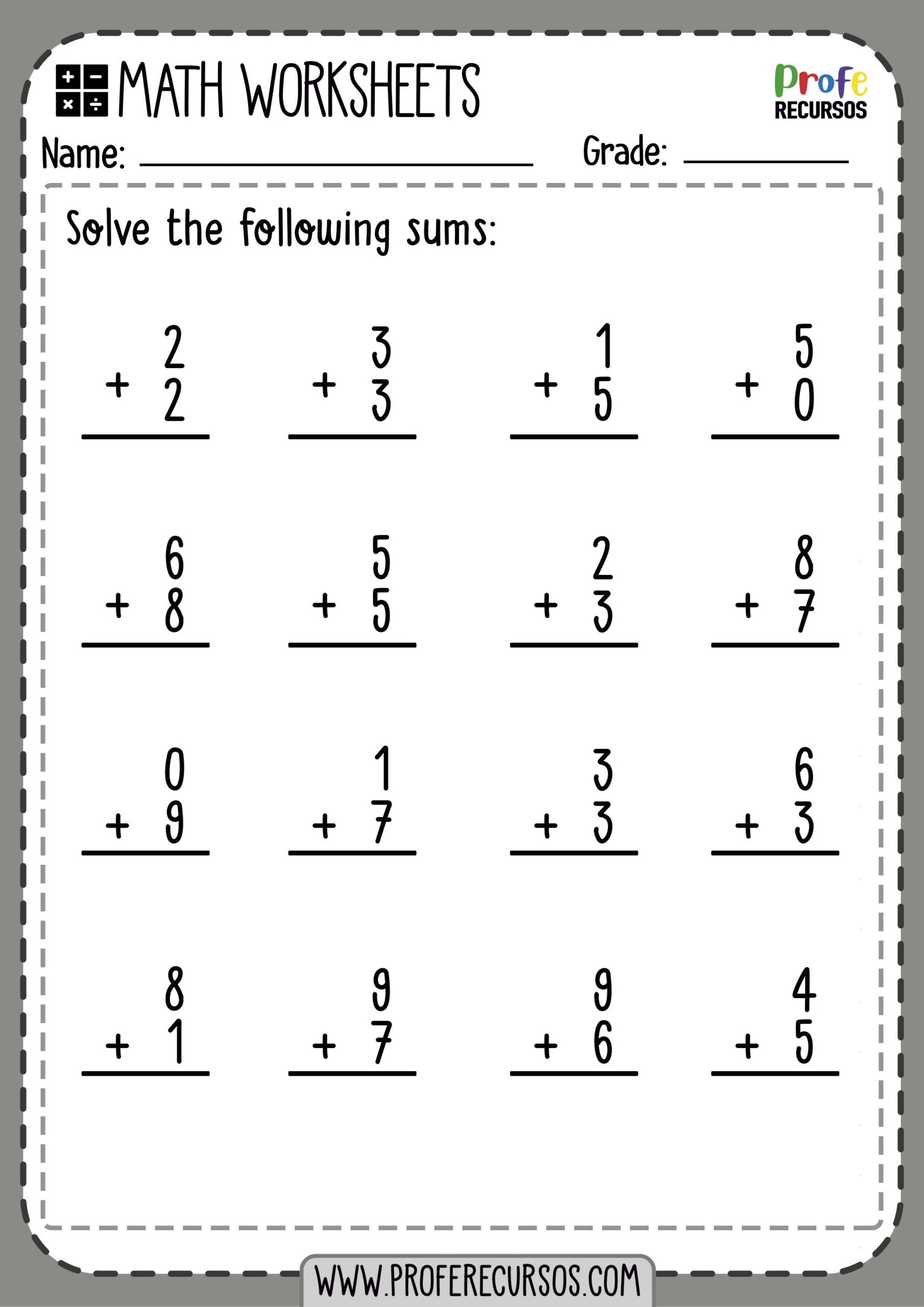 One Digit Addition Worksheets