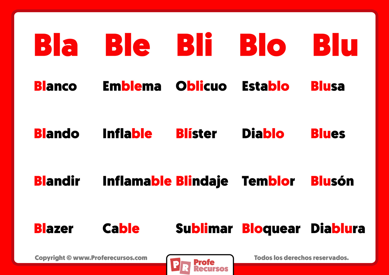 Palabras con bla ble bli blo blu