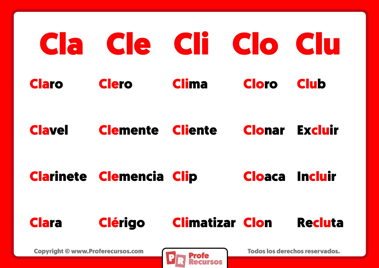 Palabras con cla cle cli clo clu