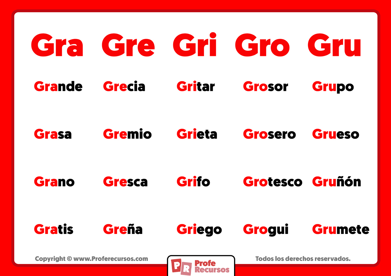 Palabras con gra gre gri gro gru