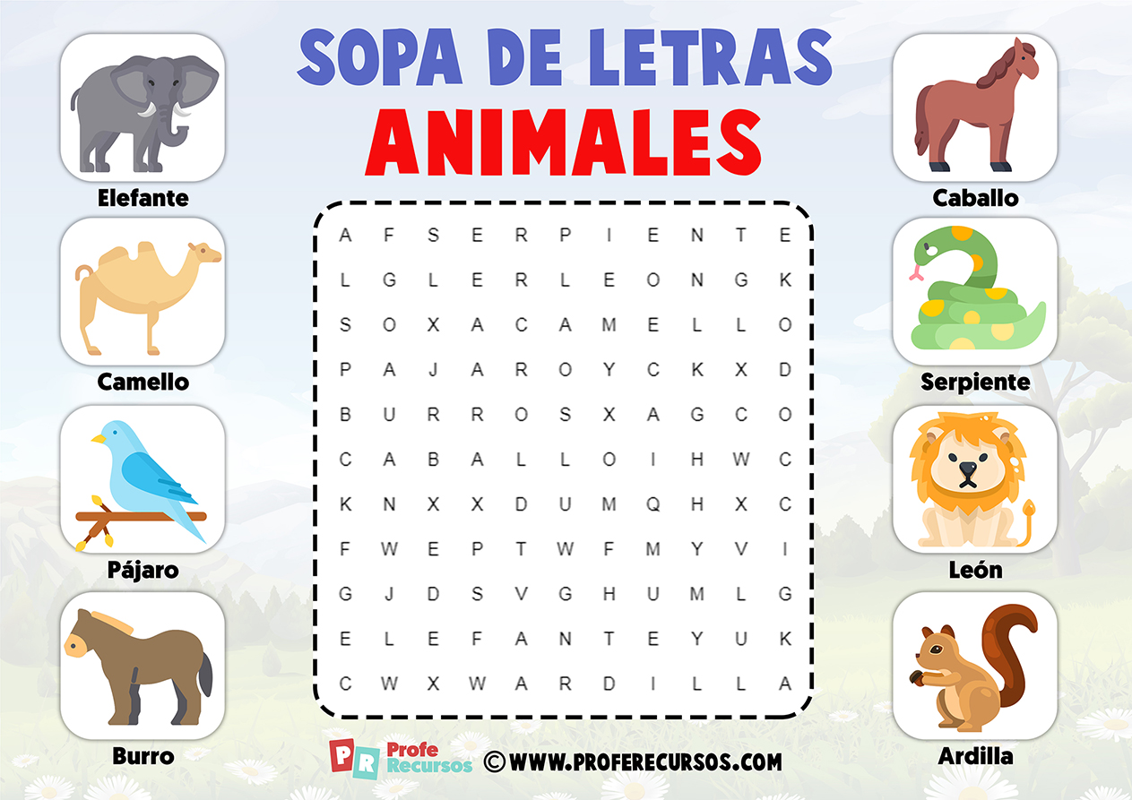Sopas de letras de animales para niños