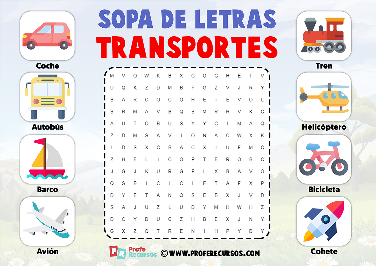 Sopas de letras de transportes para niños