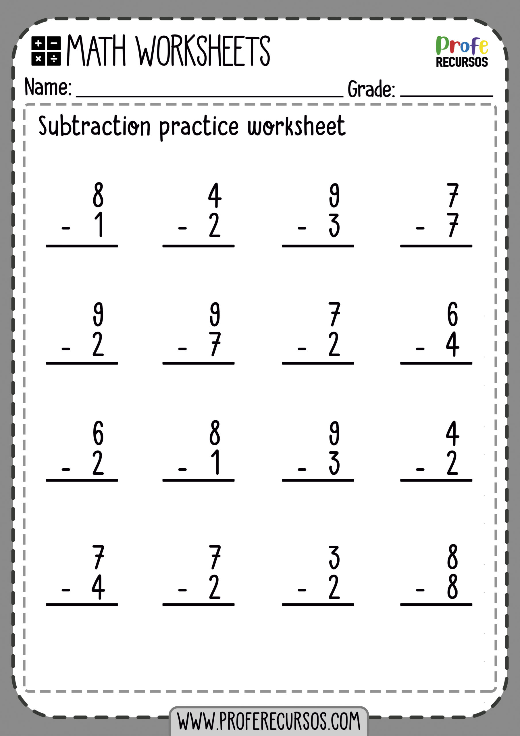 Subtraction without regrouping 1 Digit