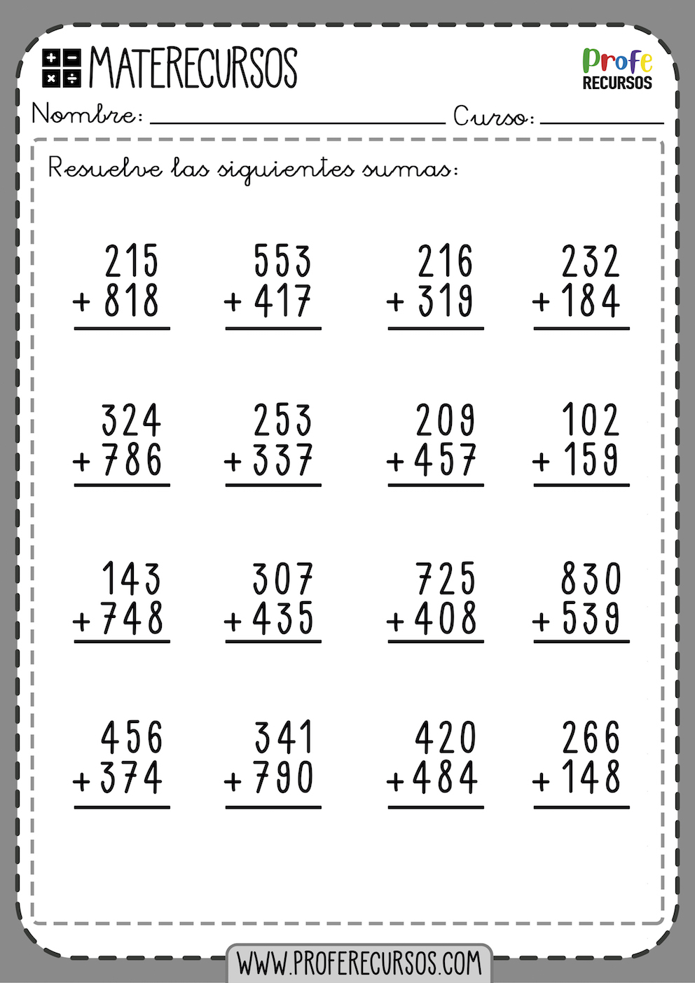 Sumas de 3 digitos con llevadas