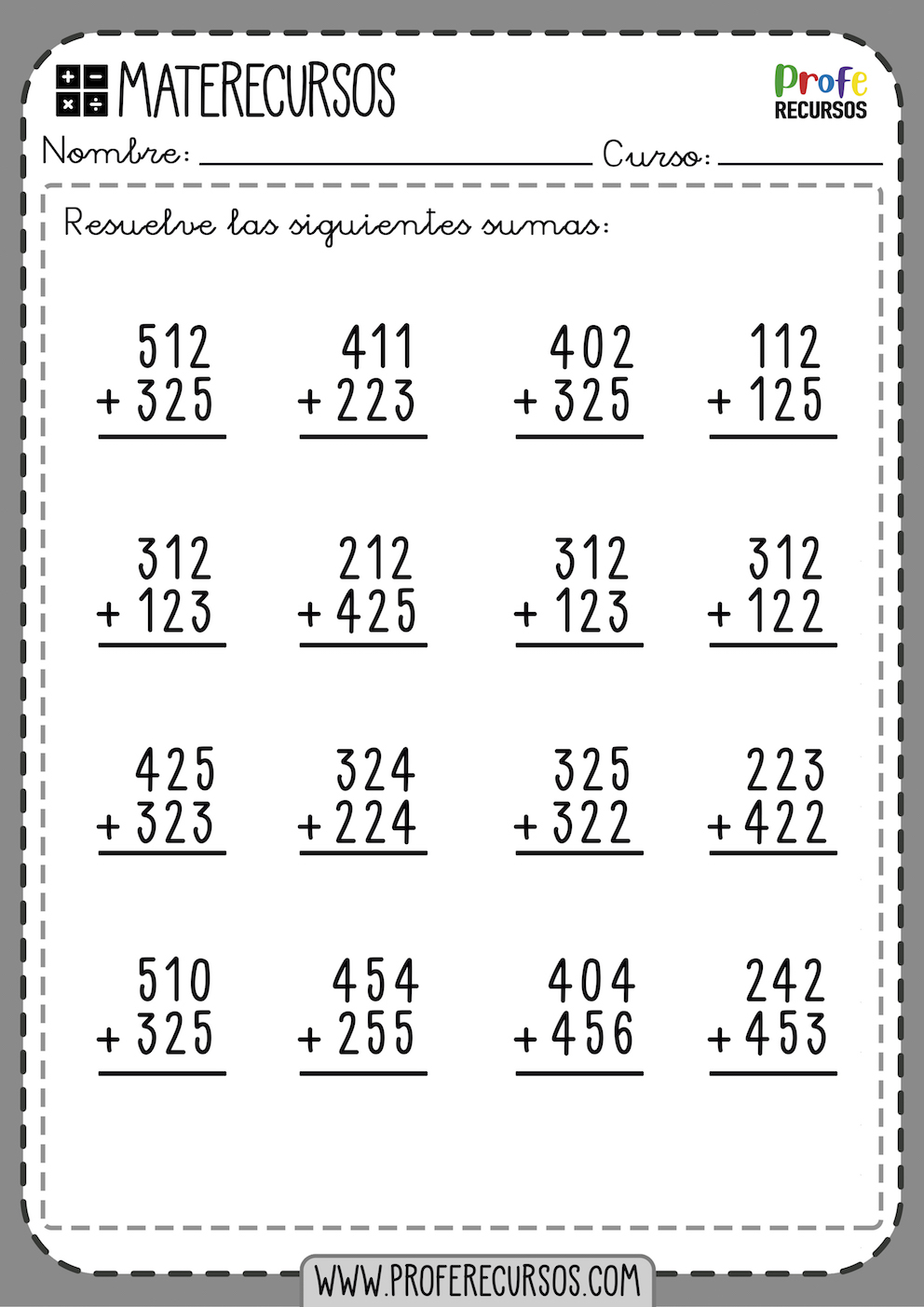 Sumas de 3 digitos sin llevar