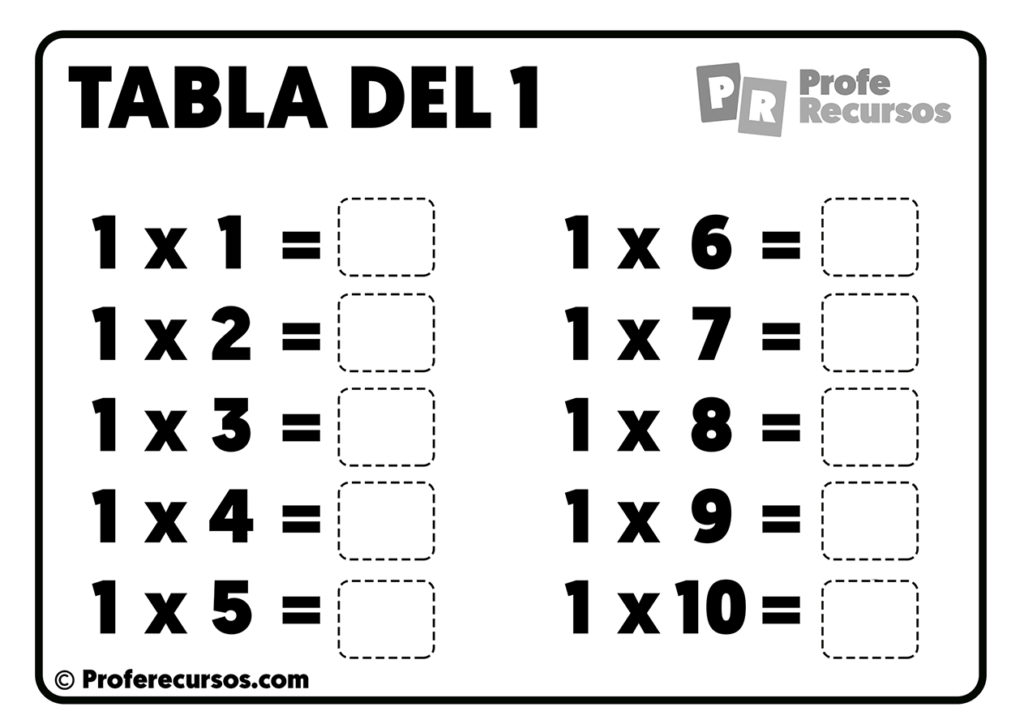 Tabla del 1 para completar o rellenar