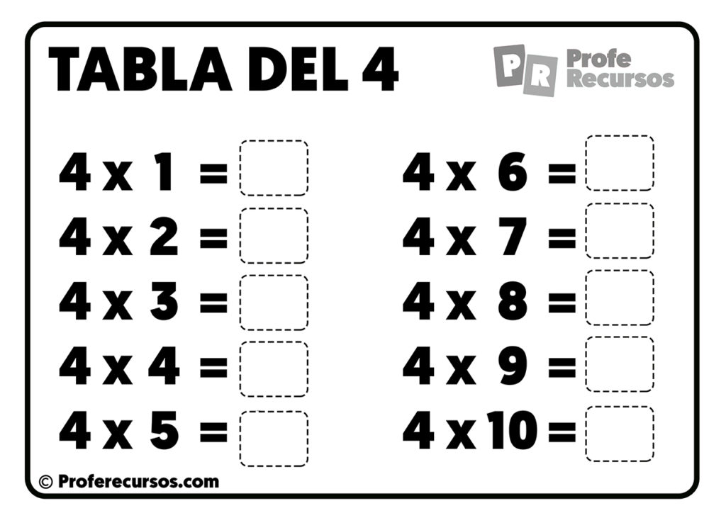 Tabla del 4 para completar o rellenar