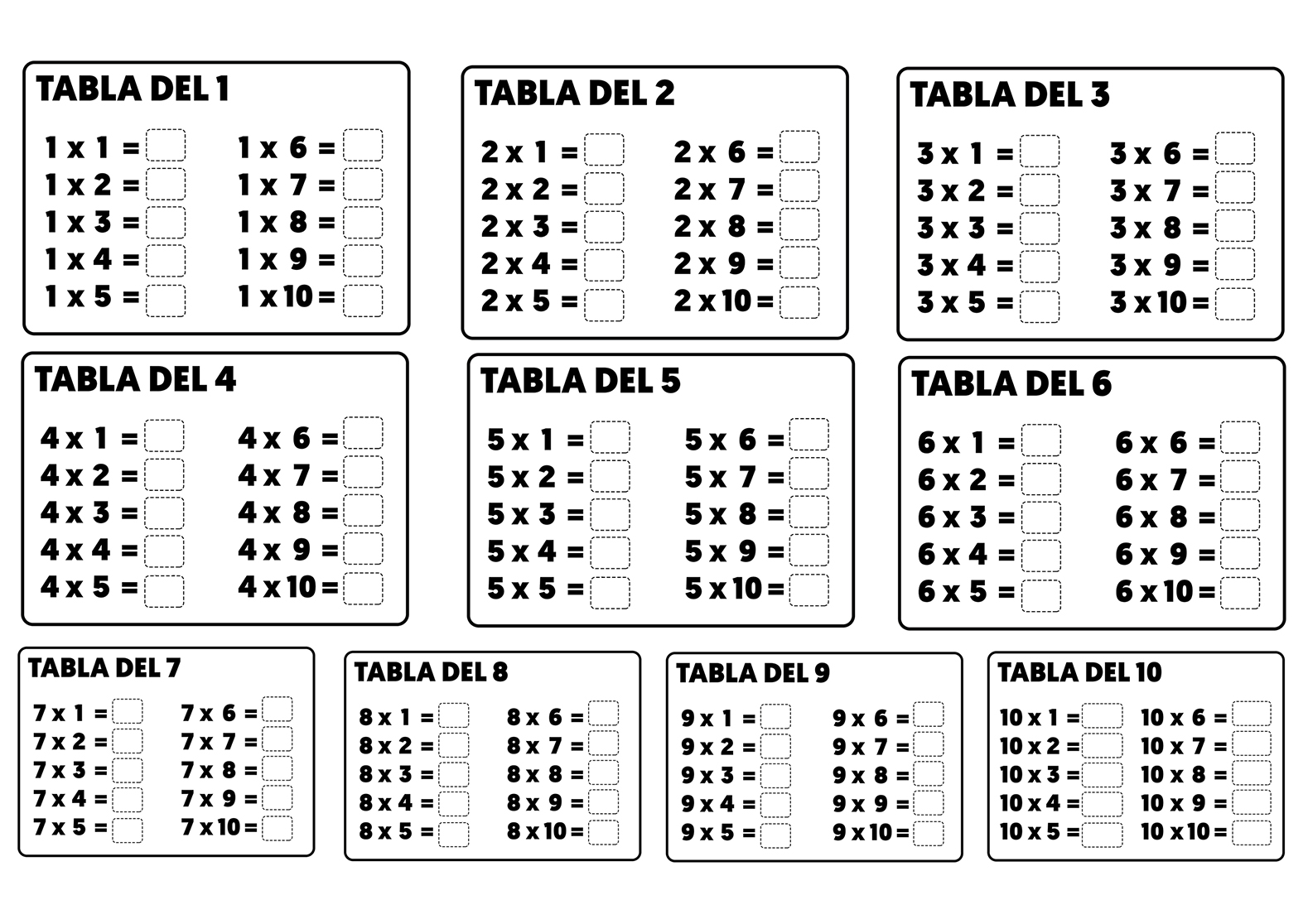 Tablas de multiplicar para completar resolver rellenar