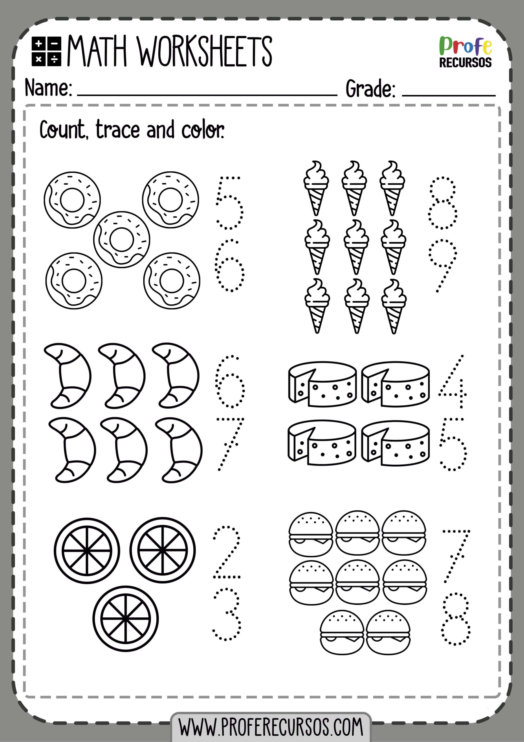 Trace Numbers Count and Color Worksheets
