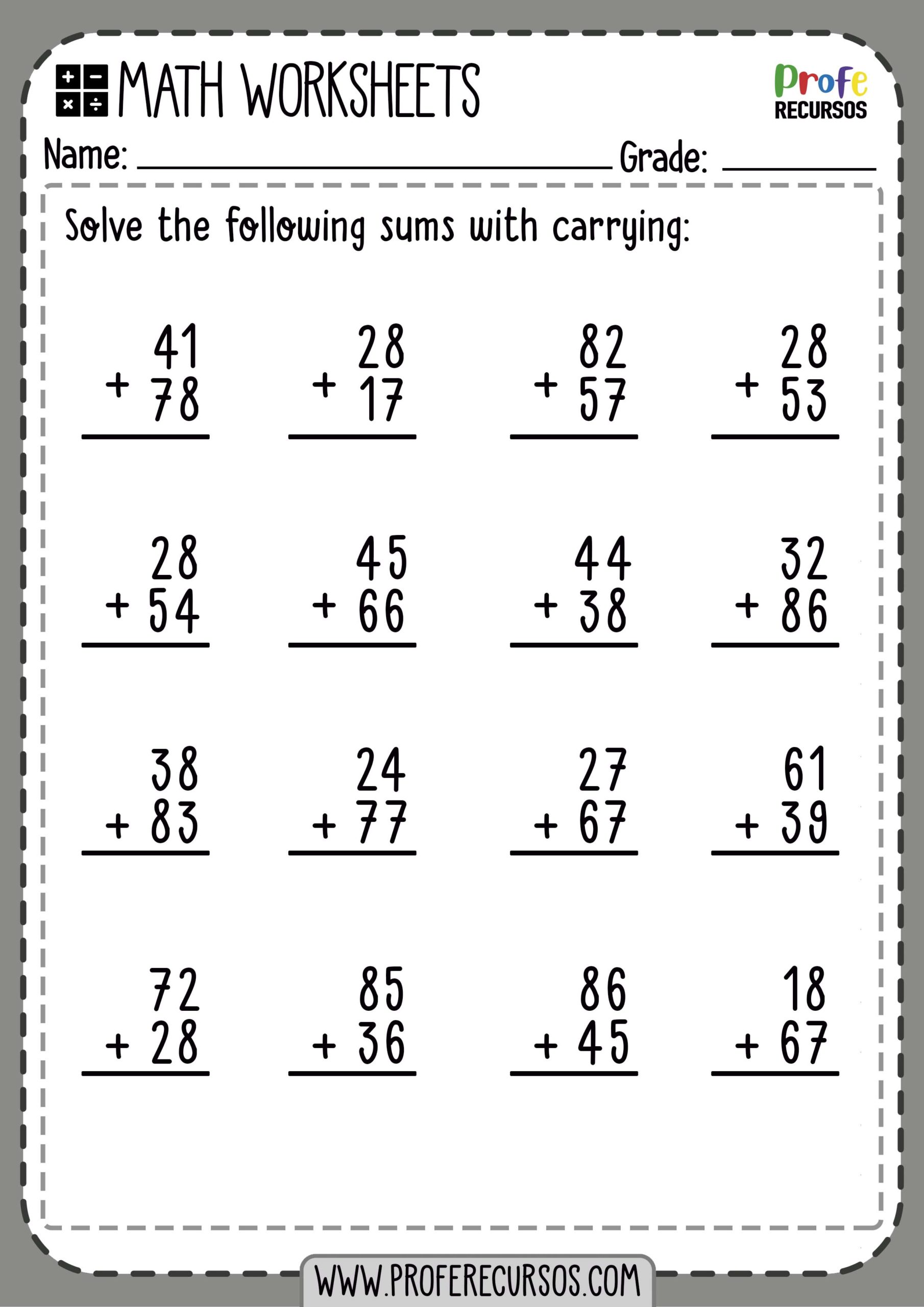 2-Digit Addition with Carrying | Math Worksheets